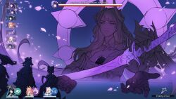  1boy 3girls absurdres aina_(mayexplode) buddhism cherry_blossoms fake_horns falling_petals friends from_behind game_screenshot genshin_impact giant giantess gradient_background health_bar highres holding holding_sword holding_weapon hole horns japanese_clothes katana mini_person miniboy minigirl multiple_girls musou_isshin_(genshin_impact) neck_ribbon petals pink_petals raiden_shogun raiden_shogun_(magatsu_mitake_narukami_no_mikoto) ribbon sangonomiya_kokomi scaramouche_(genshin_impact) size_difference sketch space standing sword unfinished upper_body wanderer_(genshin_impact) weapon yae_miko 