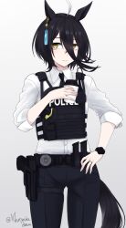  1girl ahoge ammunition_pouch animal_ears artist_name black_hair black_necktie black_pants black_vest bulletproof_vest closed_mouth collared_shirt cup ear_ornament ear_tag earrings grey_background gun hair_between_eyes hand_up handgun highres holding holding_cup holster horse_ears horse_girl horse_tail ibuki_grunt jewelry long_hair_between_eyes long_sleeves magazine_(weapon) manhattan_cafe_(umamusume) medium_hair multicolored_hair necktie pants police police_badge police_uniform policewoman pouch shirt signature simple_background single_earring sleeves_rolled_up smile solo tail taser twitter_username umamusume vest watch watch weapon white_hair white_shirt wolf_cut yellow_eyes 