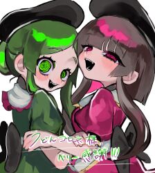  2girls @_@ apron arm_up black_bow black_hat blunt_bangs blush bow brown_hair collar dress evil_smile fang green_dress green_eyes green_hair haniwa_kue hat highres hug long_sidelocks looking_at_viewer multiple_girls nishida_satono open_mouth parted_bangs pink_dress pink_eyes puffy_sleeves short_hair_with_long_locks short_sleeves sidelocks simple_background smile teireida_mai touhou waist_apron white_apron white_background 