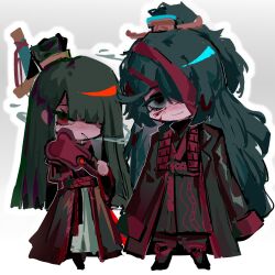  1boy 1girl bandage_over_one_eye black_eyes black_hair black_hanfu blood blood_on_face chibi chinese_clothes coat coat_on_shoulders cosplay ehooooooost family_hierarch_candidate_(identity)_(project_moon) full_body grey_background hair_over_one_eye hand_fan hanfu high_ponytail highres holding holding_fan hong_lu_(project_moon) limbus_company long_hair long_sleeves looking_at_viewer ponytail project_moon red_eyes red_sash red_streaks ryoshu_(project_moon) sash simple_background smoking standing stole white_background zigong_(project_moon) zigong_(project_moon)_(cosplay) 