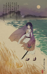  1boy absurdres arm_at_side artist_name black_hair black_sandals black_sash blunt_ends bow bright_pupils chinese_text closed_mouth clothing_cutout eyeliner eyeshadow feathers fine_art_parody fire floral_print_veil full_body full_moon genshin_impact geta hand_on_own_chest highres holding holding_feather holding_sword holding_weapon japanese_clothes kariginu katsuragikiri_nagamasa_(genshin_impact) layered_sleeves light_smile long_sleeves looking_at_viewer makeup male_focus moon mountainous_horizon pants parody pelvic_curtain pom_pom_(clothes) purple_bow purple_sleeves purple_veil red_eyeliner red_eyeshadow sandals sash scaramouche_(genshin_impact) scaramouche_(kabukimono)_(genshin_impact) see-through_clothes see-through_veil shixinfeng shore shoulder_cutout side_cutout solo standing string sword toenails toes translation_request veil violet_eyes weapon white_pants white_pupils white_sleeves wide_sleeves wispy_bangs yellow_feathers 