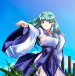  adapted_costume adult breasts detached_sleeves frog green_eyes green_hair hair_ornament hairpin kochiya_sanae onbashira outstretched_arms ribbon sideboob sky smile snake solo touhou wide_sleeves wind yamaguchi_takashi yamaguchi_yuu 