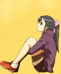  bike_shorts black_hair bow hair_bow hoodie leg_hug long_hair looking_up original ponytail profile shiba_murashouji shorts sitting solo yellow_background 