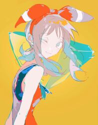  1girl absurdres blue_ribbon breasts brown_hair ciuchviicuq gem headband highres light_smile may_(pokemon) one_eye_closed orange_headband orange_tank_top pokemon pokemon_oras ribbon shirt solo tank_top teeth upper_body yellow_background 