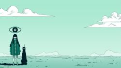  1girl animal aqua_theme blue_sky blunt_bangs blunt_ends character_request cloak clouds commentary day deadeye_deepfake_simulacrum desert disembodied_eye evil_smile gradient_sky hair_over_eyes highres horizon jackal ksteakay landscape layered_clothes ligne_claire long_hair monochrome open_mouth outdoors rock shadow signature sky smile 