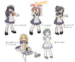  >_< 5girls abe_nana android animal_ears apron atashi_ponkotsu_android_(idolmaster) black_hair blonde_hair brown_hair butterfly_sitting cable cat_ears chibi closed_mouth commentary_request double_v dress fake_animal_ears fang futaba_anzu game_console grey_socks grey_thighhighs hair_over_shoulder hands_up highres idolmaster idolmaster_cinderella_girls ketsuro kohinata_miho laser long_hair maekawa_miku maid maid_apron maid_headdress mary_janes multiple_girls open_mouth orange_hair paw_pose pigeon-toed ponytail puffy_short_sleeves puffy_sleeves rabbit_ears rocket_punch serious shimamura_uzuki shoes short_dress short_hair short_sleeves simple_background sitting smile socks super_nintendo super_nintendo_controller thigh-highs translation_request v v-shaped_eyebrows white_background 