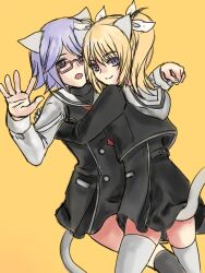  2girls animal_ears arimura_hinae black_vest blonde_hair blue_eyes blue_hair blush cat_ears cat_tail chaos;child cropped_jacket dress_vest from_behind glasses hair_ribbon hekiho_academy_school_uniform hug kazuki_hana kemonomimi_mode long_hair multiple_girls nekoyashiki_08 no_jacket open_mouth ribbon school_uniform science_adventure short_hair simple_background smile tail thigh-highs twintails vest violet_eyes white_hood yellow_background zettai_ryouiki 