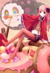  candy cape charlotte_(madoka_magica) checkerboard_cookie chocolate cookie crossed_legs doughnut food fruit hair_ribbon legs_crossed long_hair magical_girl mahou_shoujo_madoka_magica outstretched_arm outstretched_hand pantyhose personification pink_hair pocky puffy_sleeves red_eyes red_legwear ribbon sitting skirt strawberry sweets tsukimiya_kamiko twintails 