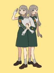  2girls alternate_hair_length alternate_hairstyle back-to-back badge blue_eyes blush closed_mouth commentary_request girl_scout gloves green_neckerchief green_sash green_skirt grey_eyes grey_hair grey_socks hand_up highres hisakawa_hayate hisakawa_nagi idolmaster idolmaster_cinderella_girls ketsuro loafers locked_arms long_hair looking_at_viewer low_twintails matching_outfits medium_hair multiple_girls neckerchief open_mouth salute sash shirt shirt_tucked_in shoes short_sleeves siblings simple_background skirt smile socks standing three-finger_salute twins twintails white_gloves white_shirt yellow_background 