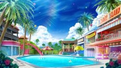  balcony balloon blue_sky building clouds commentary_request english_text innertube light_rays no_humans original palm_tree pool pool_ladder reason_(mark-of-the-unicorn) scenery sky slide summer sunlight swim_ring tree water 