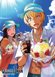  1boy 1girl ;d amuro_tooru banana banana_slice beach bendy_straw blonde_hair blue_eyes blue_shorts brown_hair cherry clouds coffee collarbone collared_shirt condensation copyright_logo copyright_notice cowboy_shot crossed_bangs cumulonimbus_cloud cup day drinking_glass drinking_straw enomoto_azusa flower food fruit green_shorts hair_between_eyes highres holding holding_cup hood hood_down hoodie iced_coffee lens_flare long_hair long_sleeves looking_at_viewer meitantei_conan midriff navel ocean official_art one_eye_closed open_clothes open_hoodie open_mouth orange_hoodie outdoors purple_flower sample_watermark shaved_ice shirt short_hair short_sleeves shorts smile standing strawberry strawberry_slice striped_clothes striped_shirt summer sunlight tumbler_glass visor_cap watermark whipped_cream white_shirt zuku_p 