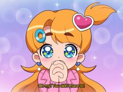  1girl artist_self-insert bishie_sparkle blue_background blue_eyes blush bubble_background colorful_background commentary covering_own_mouth dot_nose earrings english_commentary fake_screenshot gradient_background hair_ornament hairclip heart heart_hair_ornament highres indie_virtual_youtuber interlocked_fingers jacket jewelry lapels long_hair long_sleeves looking_at_viewer marikyuunn marikyuunn_(vtuber) marikyuunn_(vtuber)_(classic) one_side_up orange_hair own_hands_clasped own_hands_together pink_background pink_jacket portrait purple_background solo sparkling_eyes subtitled tareme thick_eyebrows three-toned_background virtual_youtuber 
