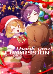  1boy 1girl absurdres animal_costume ball bell black_gloves box breasts brown_eyes brown_hair christmas christmas_ornaments christmas_tree commission cowboy_shot detached_sleeves dress fake_antlers fur_trim gift gift_box gloves hat highres holding holding_ball holding_strap large_breasts lobotomy_corporation looking_at_another looking_at_viewer malkuth_(project_moon) medium_hair neck_bell neck_ribbon one_eye_closed open_mouth pmchell_04 project_moon purple_hair reindeer_costume ribbon santa_costume santa_dress santa_hat short_dress short_hair smile sweat yesod_(project_moon) 