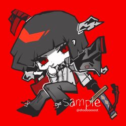  1girl black_coat black_hair black_shoes bob_cut chibi cigarette coat coat_on_shoulders collared_shirt ehooooooost full_body grey_pants highres holding holding_sword holding_weapon limbus_company long_sleeves looking_at_viewer pants project_moon red_background red_eyes ryoshu_(project_moon) sample_watermark shirt shoes short_hair simple_background solo standing sword watermark weapon white_shirt 