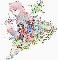  1girl 2boys anniversary backwards_hat black_pants blue_overalls brown_eyes brown_hair celebi chikorita closed_mouth commentary_request cyndaquil dated ethan_(pokemon) grass hand_up hat jacket long_sleeves lyra_(pokemon) multiple_boys open_mouth overalls pants pokemon pokemon_(creature) pokemon_hgss red_jacket shirt shoes sign silver_(pokemon) smile sparkle standing tan_carbonnn thigh-highs totodile twintails twitter_username yellow_bag 