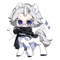  1boy adjusting_clothes animal_ears aotsuki_eito black_cloak black_jacket centaur chibi chibi_only cloak commentary eyeshadow gakuran glasses gloves grey_hair highres horse_ears jacket last_defense_academy_school_uniform looking_at_viewer lunarsea404 makeup male_focus puff_of_air red_eyeshadow school_uniform short_hair solo sparkle taur the_hundred_line_-last_defense_academy- unicorn_horn violet_eyes white_gloves 