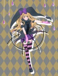  1girl blonde_hair blunt_bangs blush closed_mouth clown_drop commentary_request full_body garter_straps gloves hat highres holding knn_nabi korean_commentary long_hair looking_at_viewer magical_girl mashiro_rima neck_ruff shugo_chara! solo standing standing_on_one_leg thigh-highs 