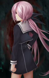  1girl black_dress chaos;child dress hair_over_one_eye hair_ribbon hekiho_academy_school_uniform highres long_hair long_sleeves looking_at_viewer minamisawa_senri pink_hair ribbon sailor_collar school_uniform science_adventure solo taba_neruko very_long_hair white_sailor_collar 