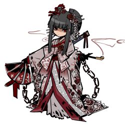  1girl alternate_costume black_gloves black_hair bow chain chibi ehooooooost flower full_body gloves grey_kimono hand_fan highres indicant&#039;s_trial_(e.g.o) japanese_clothes kimono limbus_company long_hair long_sleeves looking_at_viewer nihongami pink_bow pink_flower pink_rose project_moon red_eyes red_flower red_rose red_sash rose ryoshu_(project_moon) sash simple_background smoking_pipe solo standing white_background 