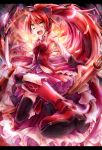  bare_shoulders black_legwear boots chain chains detached_sleeves feathers feet foreshortening highres letterboxed long_hair mahou_shoujo_madoka_magica mgi open_mouth polearm ponytail pov_feet red_eyes red_hair redhead sakura_kyouko solo spear tears thigh-highs thighhighs weapon yosuke 