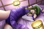  alternate_costume bed china_dress chinese_clothes detached_sleeves frog green_hair hair_ornament kochiya_sanae lamp long_hair lying mochi.f on_back side_slit snake solo touhou yellow_eyes 