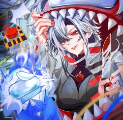  1girl among_us arlecchino_(genshin_impact) arm_up ascot black_hair blood blood_on_weapon blue_hair blurry blurry_foreground breasts cable cosplay cowlick crewmate_(among_us) crossed_arms crossover crying fingernails furina_(genshin_impact) furina_(genshin_impact)_(cosplay) genshin_impact grey_eyes grey_hair hair_between_eyes hat highres holding holding_knife impostor_(among_us) jacket knife large_breasts light_smile long_sleeves monster multicolored_hair nail_polish open_clothes open_jacket parted_lips push-button pyro_symbol_(genshin_impact) red_button red_nails red_pupils scared symbol-shaped_pupils two-tone_hair viviwi weapon white_hair x-shaped_pupils 