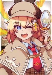  1girl blonde_hair blue_eyes blush detective hair_ornament hat highres holding holding_magnifying_glass hololive hololive_english looking_at_viewer magnifying_glass mustache_print necktie neferkitty open_mouth plaid_clothes red_necktie shirt short_hair smile solo virtual_youtuber watson_amelia watson_amelia_(1st_costume) white_shirt 