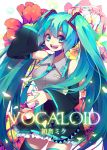  1girl character_name copyright_name detached_sleeves flower green_eyes green_hair hatsune_miku headset long_hair nail_polish necktie open_mouth skirt solo sougishi_ego thighhighs twintails very_long_hair vocaloid 