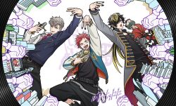  3boys :d :o aimono_jyushi amaguni_hitoya ankle_boots architecture arm_up bad_ass_temple balance_scale beads beard_stubble belt ben-day_dots black_boots black_hair black_jacket black_kimono black_nails black_pants black_shirt blonde_hair blue_eyes blue_jacket boots brown_belt building coat cocked_eyebrow collarbone collared_shirt cowboy_shot crossed_belts dress_pants dress_shirt drop_shadow ear_piercing earrings east_asian_architecture facial_hair fangs fingernails funkysounds furrowed_brow gold_trim green_eyes grey_coat grey_hair grin hair_over_one_eye hand_up harai_kuko harem_pants highres holding holding_microphone hypnosis_mic hypnosis_mic:_rhyme_anima hypnosis_microphone jacket japanese_clothes jewelry juban kimono leather leather_jacket long_hair long_sleeves looking_at_viewer looking_up male_focus mature_eyes mature_male microphone mole mole_under_eye multicolored_hair multicolored_jacket multiple_boys multiple_rings necklace necktie open_clothes open_coat open_jacket open_mouth own_hands_clasped own_hands_together pants piercing pinky_ring pompadour prayer_beads red_hair red_necktie ring round_image screentones shakujou shirt shirt_tucked_in short_hair silver_ring skyline smile staff standing standing_on_one_leg streaked_hair stubble studded_belt thick_outlines two-sided_fabric two-sided_jacket two-tone_jacket uneven_eyes v-shaped_eyebrows very_short_hair watch watch weighing_scale white_background white_jacket white_shirt yellow_eyes 