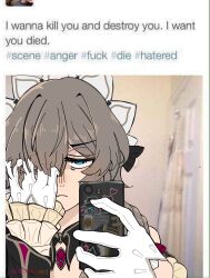  1girl blue_eyes english_commentary english_text genshin_impact gloves grey_hair headdress highres long_sleeves majestikhunnie meme mirror_selfie one_eye_covered sandrone_(genshin_impact) selfie twitter_username upper_body white_gloves white_headdress 