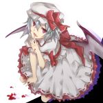  1girl bat_wings blood blue_hair fang finger_to_mouth hat hat_ribbon iebon-gogo8 kneeling looking_at_viewer mob_cap open_mouth puffy_short_sleeves puffy_sleeves red_eyes remilia_scarlet ribbon sash shadow short_hair short_sleeves simple_background skirt skirt_set solo touhou white_background wings 