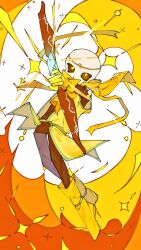 1boy aiming aiming_at_viewer alternate_universe black_sclera boots bow_(weapon) brown_pants brown_shirt cape circlet coat colored_sclera commentary covered_mouth crossed_knees crossed_legs dreamtale english_commentary full_body gloves glowing glowing_eyes gold_circlet holding holding_bow_(weapon) holding_weapon knee_boots looking_at_viewer male_focus mei_(tuboishi) pants sans_(undertale) shirt simple_background skeleton sleeveless sleeveless_coat sleeveless_shirt solo sparkle twitter_username undertale upturned_eyes utdr_(toby_fox) weapon white_background yellow_boots yellow_cape yellow_coat yellow_eyes yellow_gloves yellow_theme