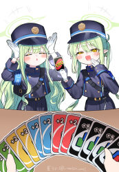  +++ 1boy 1other 2girls :d =_= amanatsu_uni armband artist_name belt black_belt black_hat blue_archive blue_armband blush_stickers buttons card closed_eyes commentary_request double-breasted earrings fang furrowed_brow gloves green_hair green_halo hair_between_eyes halo hat highres hikari_(blue_archive) holding holding_card imminent_uno_loss_(meme) jewelry laughing long_hair long_sleeves looking_at_viewer meme multiple_girls nozomi_(blue_archive) open_mouth playing_games pleated_skirt pointy_ears pov pov_across_table pov_hands rabbit_pose sensei_(blue_archive) siblings sidelocks simple_background sisters skin_fang skirt smile smug twins twintails twitter_username uno_(game) whistle white_background white_gloves yellow_eyes 