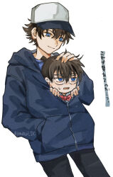  2boys absurdres black_pants blue_eyes blue_jacket bow bowtie brown_hair edogawa_conan glasses grey_hat hat highres hisin_di_fushang jacket kuroba_kaito looking_at_another meitantei_conan multiple_boys pants red_bow red_bowtie short_hair simple_background smile sweatdrop translation_request white_background 