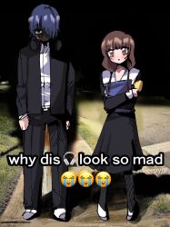  1boy 1girl armband black_dress brown_eyes brown_hair clipboard dress english_text hair_over_one_eye hetero highres holding holding_clipboard iino_miko ishigami_yuu kaguya-sama_wa_kokurasetai_~tensai-tachi_no_renai_zunousen~ low_twintails meme n1ku22a non-web_source school_uniform shuuchiin_academy_school_uniform twintails why_dis_ninja_look_so_mad_(meme) yellow_armband 