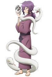  1girl anime_coloring breasts closed_mouth crossed_arms fishnet_sleeves fishnets from_side full_body hair_between_eyes hana-sensei_(kunoichi_tsubaki_no_mune_no_uchi) hand_up holding holding_mask japanese_clothes kimono kunoichi_tsubaki_no_mune_no_uchi long_hair long_sleeves looking_at_viewer mask official_art okuda_yousuke profile purple_hair purple_kimono purple_sash sash sidelocks simple_background small_breasts snake solo standing tachi-e transparent_background unworn_mask v-shaped_eyebrows violet_eyes waraji white_snake wide_sleeves 