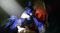  1girl absurdres ahoge armor artoria_pendragon_(fate) black_thighhighs blonde_hair dress excalibur_(fate/stay_night) fate/stay_night fate_(series) green_eyes hair_ribbon highres long_hair ribbon saber_(fate) solo sword thigh-highs waligner weapon 