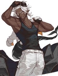  1boy black_gloves black_tank_top cetacean_tail colored_eyelashes cowboy_shot dark-skinned_male dark_skin fingerless_gloves fins fish_tail gloves goggles goggles_on_head highres holding holding_jacket holding_unworn_clothes jacket jet_ski looking_at_viewer male_focus orange_eyes original pants pointy_ears ryoryo. sharp_teeth short_hair simple_background slit_pupils solo tail tank_top teeth unworn_jacket very_dark_skin watercraft white_background white_eyelashes white_hair white_jacket white_pants wind 