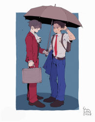  2boys ace_attorney arm_behind_head ascot belt black_hair blue_pants border briefcase brown_belt brown_pants collared_shirt commentary_request erm_nkcn grey_hair highres holding holding_jacket holding_unworn_clothes jacket looking_at_another male_focus miles_edgeworth multiple_boys necktie open_mouth pants phoenix_wright rain red_jacket red_necktie red_pants shared_umbrella shirt short_hair signature umbrella unworn_jacket watch watch wet wet_hair white_ascot white_border white_shirt 