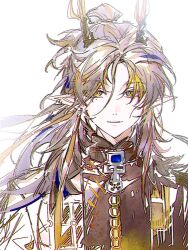  1boy arknights blonde_hair bloom brown_hair chromatic_aberration ear_piercing earrings grey_hair hair_between_eyes hashtag-only_commentary hatching_(texture) highres jewelry ji_(arknights) light_smile linear_hatching long_hair looking_at_viewer male_focus mole mole_under_eye multicolored_hair piercing pointy_ears portrait purple_hair shiro_(acheng) simple_background sketch solo streaked_hair white_background yellow_eyes 