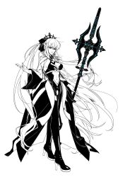  1girl absurdres black_bow black_dress black_tiara bow braid dress fate/grand_order fate_(series) full_body hair_between_eyes hair_bow halberd half_up_braid high_heels highres holding holding_polearm holding_weapon long_hair monochrome morgan_le_fay_(fate) morgan_le_fay_(third_ascension)_(fate) polearm ponytail pyuli_paint simple_background solo spikes standing tiara very_long_hair weapon 