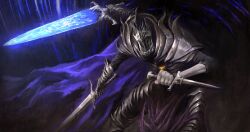  1boy absurdres armor cape colored_skin commentary dagger elden_ring elden_ring_nightreign english_commentary extra_arms full_armor gauntlets glowing glowing_sword glowing_weapon great_rune_(elden_ring) greatsword grey_skin heolstor_the_nightlord highres holding holding_dagger holding_knife holding_sword holding_weapon knife male_focus pauldrons purple_cape reverse_grip rioyudha22 shoulder_armor solo spiked_helmet sword triple_wielding weapon 