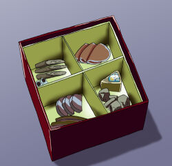  1girl asparagus bento blue_background cheese close-up food ham homing_(areya) ikamusume lowres shinryaku!_ikamusume sliced_meat 