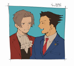  2boys ace_attorney ascot black_hair black_vest blue_jacket border collared_shirt erm_nkcn facing_another grey_eyes grey_hair highres jacket male_focus miles_edgeworth multiple_boys necktie open_mouth phoenix_wright red_jacket red_necktie shirt short_hair signature upper_body vest white_ascot white_border 