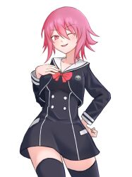  1girl absurdres black_thighhighs bow breasts buttons chaos;child chest_bow confident dress dress_vest hand_on_own_chest hand_on_own_hip hekiho_academy_school_uniform highres long_sleeves medium_breasts one_eye_closed onoe_serika open_mouth pink_eyes pink_hair school_emblem school_uniform science_adventure short_hair_with_long_locks simple_background smile solo teeth thigh-highs thighs tongue turnipdish upper_teeth_only white_background 