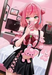  1girl absurdres aqua_streaks bedroom black_bow black_nails black_skirt blurry blurry_background blush bow cellphone center-flap_bangs collarbone covering_own_mouth cowboy_shot cross-laced_clothes cross-laced_skirt depth_of_field double-parted_bangs dress dress_bow fingernails frilled_dress frills green_eyes green_streaks hanako_nana hand_up hashtag-only_commentary highres holding holding_phone holding_stuffed_toy indoors medium_hair mirror_selfie multicolored_hair nail_polish off-shoulder_dress off_shoulder overskirt peto_(hanako_nana) phone pink_dress pink_hair pink_streaks plaid_bow red_bow selfie short_sleeves skirt sleeve_bow smartphone solo stellive streaked_hair stuffed_animal stuffed_rabbit stuffed_toy suspender_skirt suspenders two_side_up virtual_youtuber yeoun 