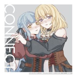 2girls ascot bang_dream! bang_dream!_it's_mygo!!!!! black_ascot black_corset black_dress black_gloves black_ribbon blonde_hair blue_brooch blue_hair blush border braid brown_corset chinese_commentary clothing_cutout commentary_request corset crossed_bangs doloris_(bang_dream!) dress gloves grey_background hair_between_eyes hair_ribbon highres long_hair long_sleeves medium_hair misumi_uika multiple_girls oblivionis_(bang_dream!) open_mouth orange_brooch red_shirt ribbon shirt short_sleeves shoulder_cutout sidelocks togawa_sakiko upper_body violet_eyes white_border yuri yuyuyang0402 