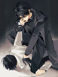  2boys black_coat black_eyes black_gloves black_hair boy_on_top coat expressionless full_body gloves highres holding_another's_wrist kim_dokja kneeling looking_at_another male_focus multiple_boys omniscient_reader's_viewpoint open_clothes open_coat pinned popped_collar senbe81 short_hair white_coat yoo_joonghyuk 