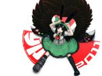  2011 arms_up arugeri asymmetrical_clothes asymmetrical_clothing black_hair black_legwear bow cape english feathers from_above hair_bow highres kneehighs long_hair mismatched_footwear new_year red_eyes reiuji_utsuho simple_background sitting solo spread_legs third_eye touhou wings 
