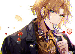  &gt;:) aqua_eyes banana banana_slice black_jacket blonde_hair chinese_commentary collared_shirt curtained_hair earrings food fruit holding holding_spoon jacket jewelry lapels lars_rorschach looking_at_viewer lovebrush_chronicles male_focus nevakuma_(fanfanas) notched_lapels parted_bangs parted_lips portrait print_shirt shirt short_hair sideways_glance simple_background smile solo spoon strawberry strawberry_slice stud_earrings sun_earrings undershirt utensil_in_mouth v-shaped_eyebrows watermark weibo_watermark white_background yellow_shirt 